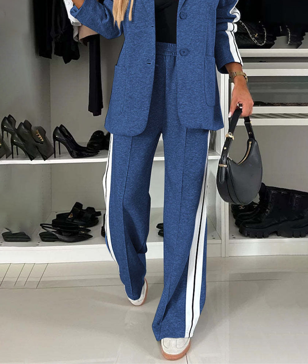 Full Size Contrast Lapel Collar Top and Pants Set, Small - 3XLarge