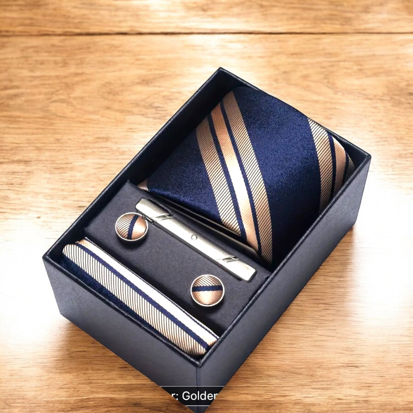 Men’s Silk Coordinated Tie Set w/Box - Golden Blue Stripes