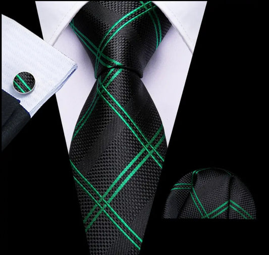 Men’s Silk Coordinated Tie Set - Black with Green Stripes