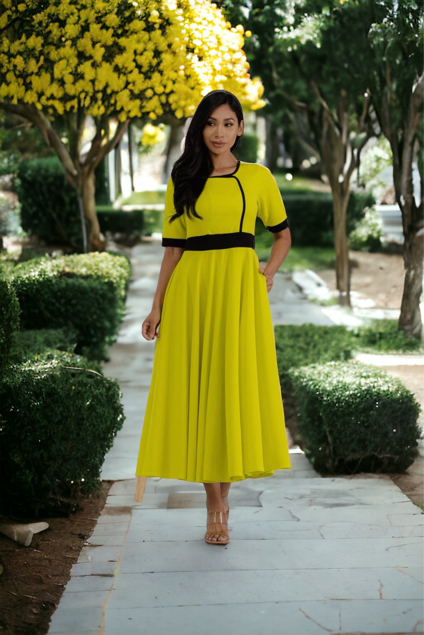 Chartreuse Contrast Trim Dress