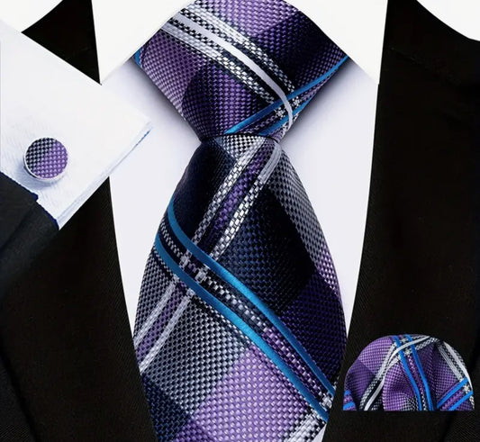 Men’s Silk Coordinated Tie Set - Blue, Purple and Lavender Stripes