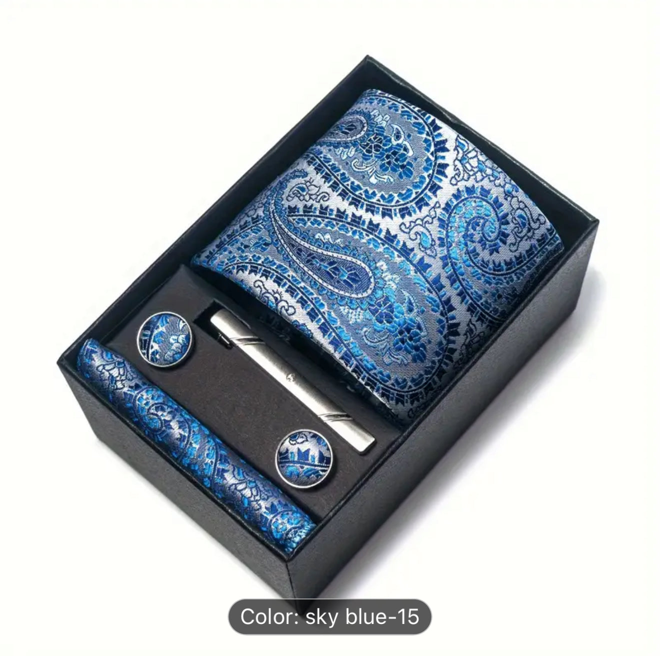 Men’s Silk Coordinated Tie Set w/Box - Sky Blue Paisley (15)