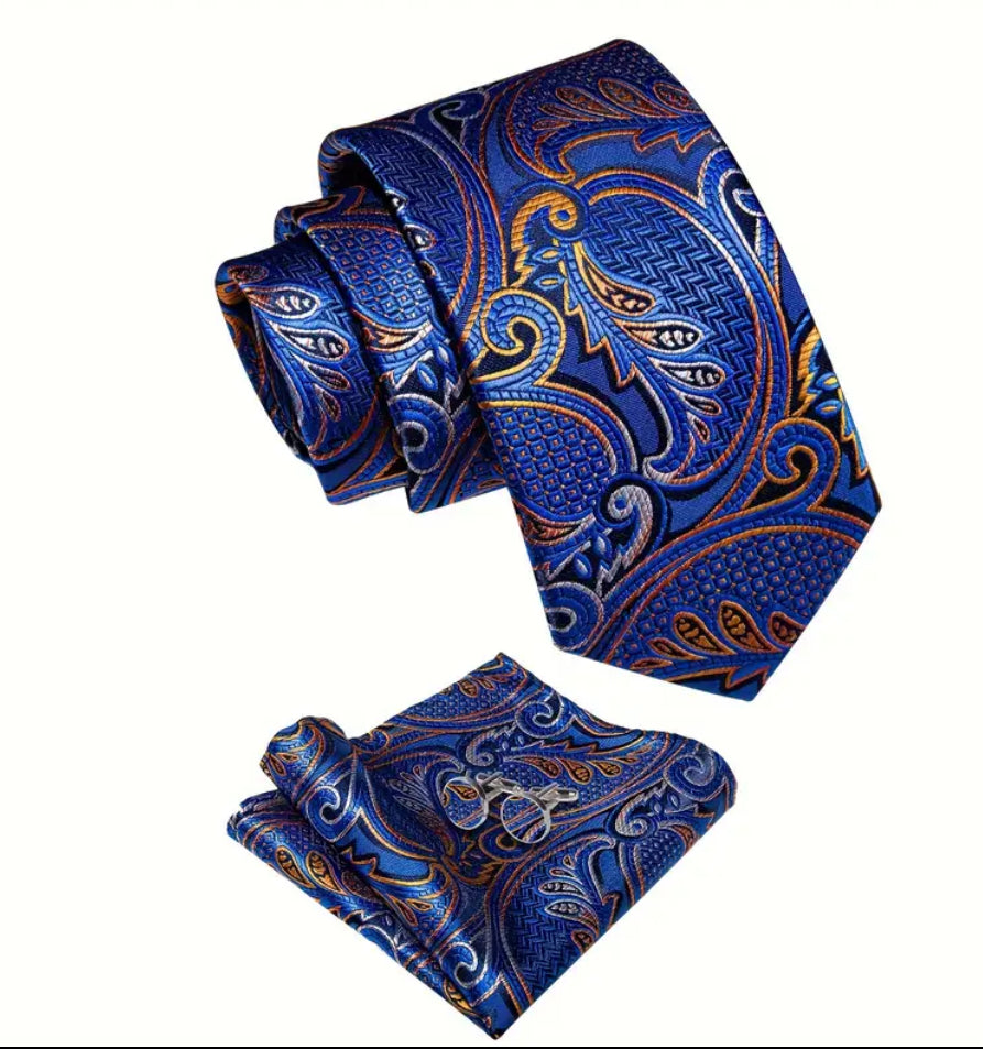 Men’s Silk Coordinated Tie Set - Blue Tie with Blue & Orange Paisley