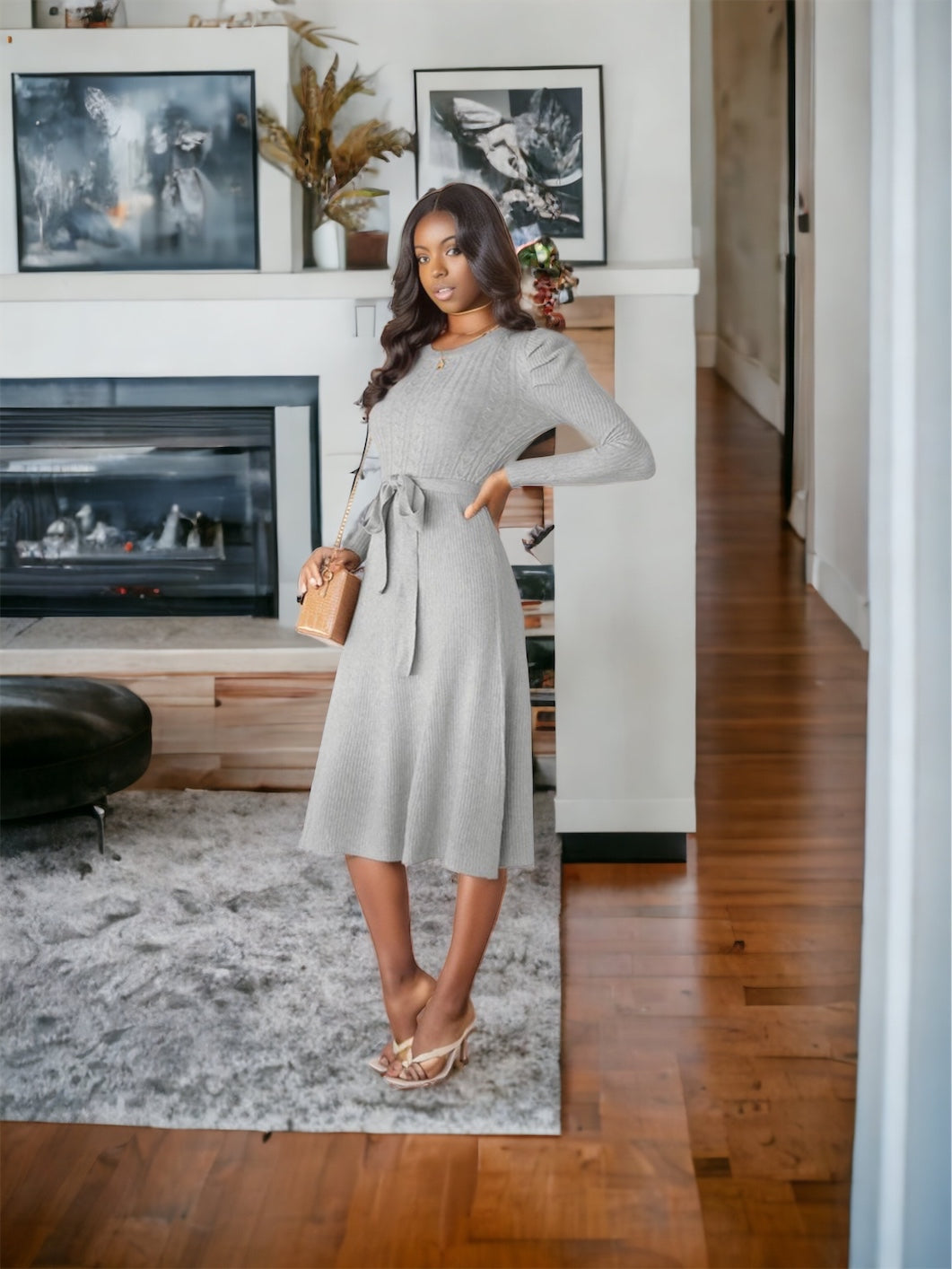 Round Neck Long Sleeve Tie Waist Sweater Dress