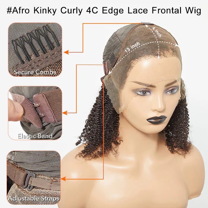 16 Inches 13"x4" Afro Kinky Curly 4C Edge Hairline #1B Lace Frontal Wig-100% Human Hair