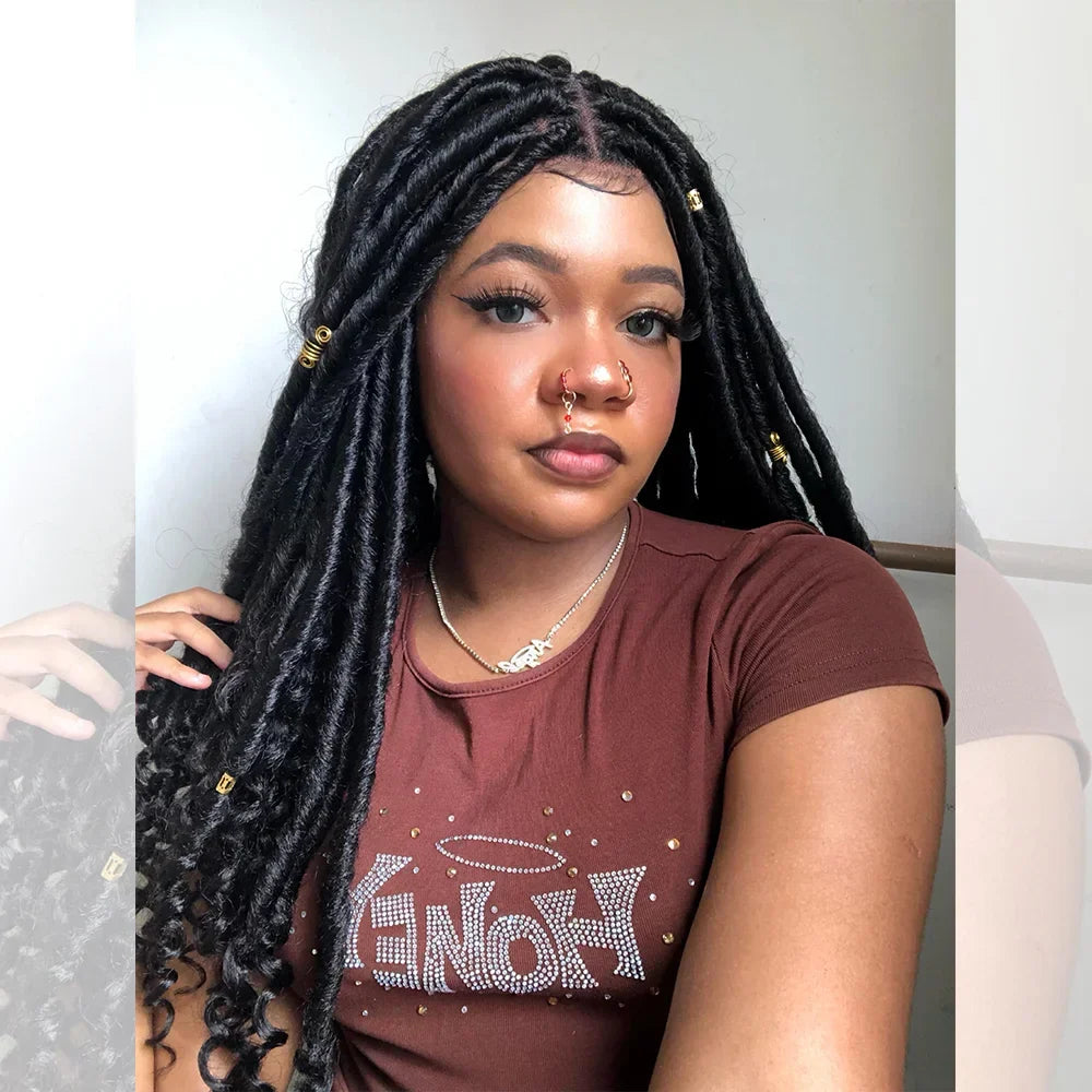 26 Inches 4x4 Faux Goddess Locs with Curls Braids Lace Closure Wigs 200% Density-100% Handmade