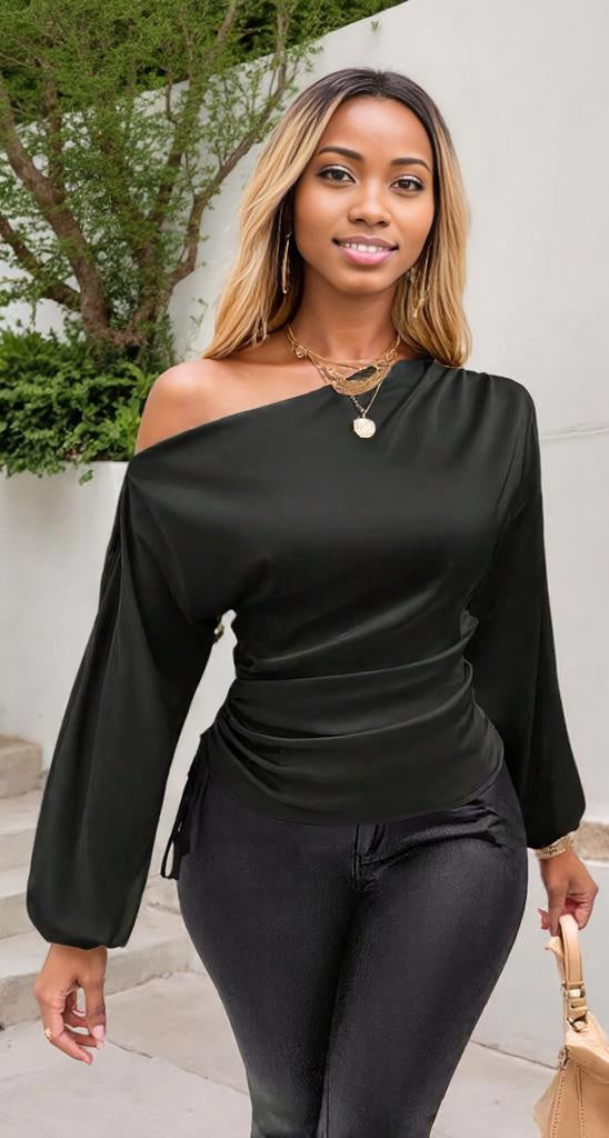 Drawstring One Shoulder Long Sleeve Blouse