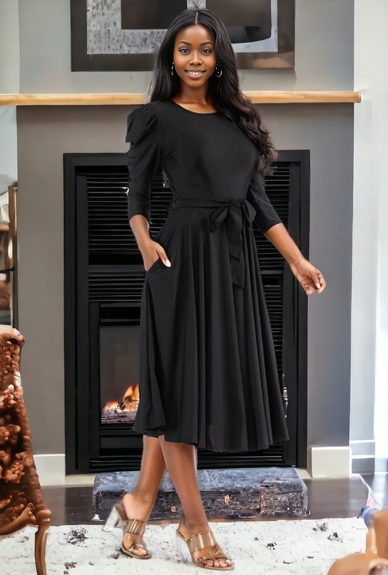 Puff Sleeve Cocktail Dress, Sizes 1X - 3X (Black)