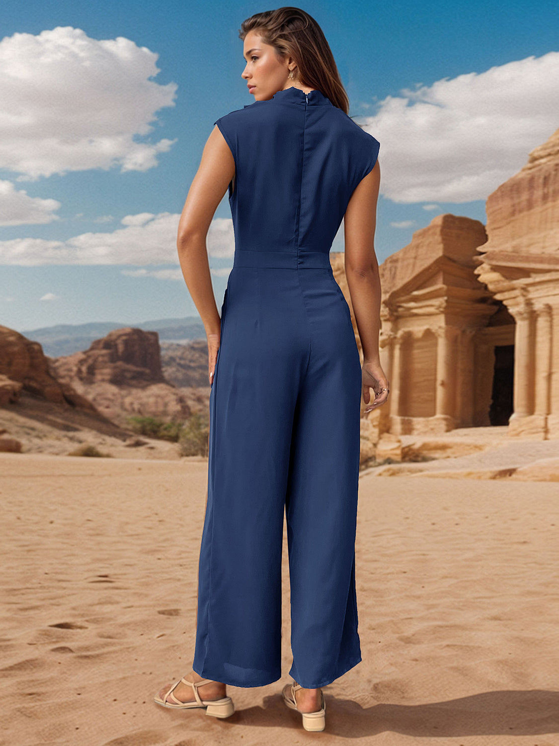 Ruched Mock Neck Sleeveless Jumpsuit - Four Color Choices