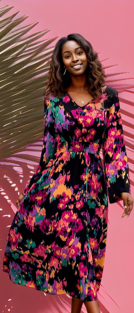 Printed Smocked Waist Midi Dress