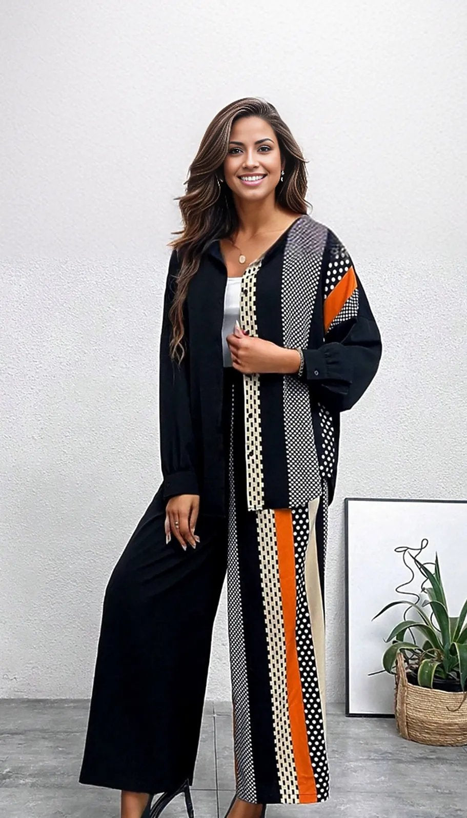 Wide Leg Pants and Drop Shoulder Top Two Piece Polka Dot Set (US Sizes 4 - 20)