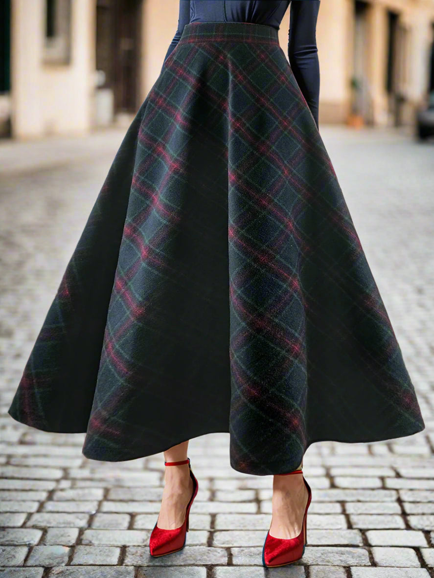 Plaid Elastic Waist Midi Skirt