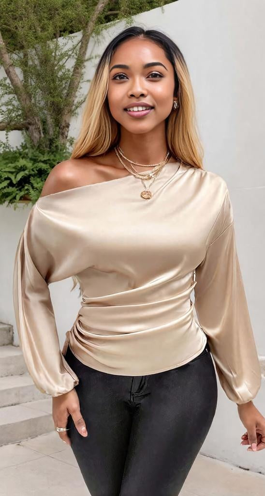 Drawstring One Shoulder Long Sleeve Blouse
