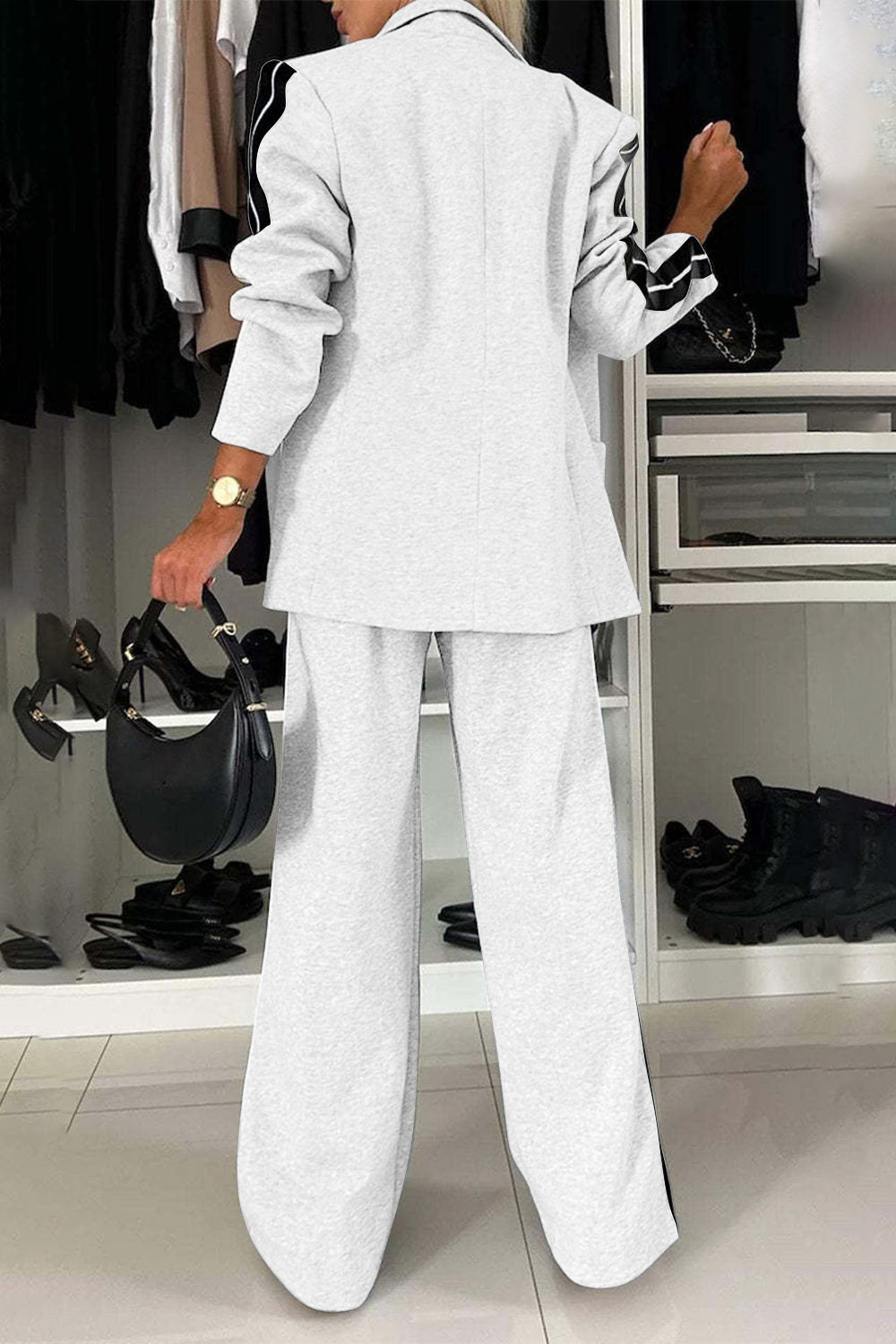 Full Size Contrast Lapel Collar Top and Pants Set, Small - 3XLarge