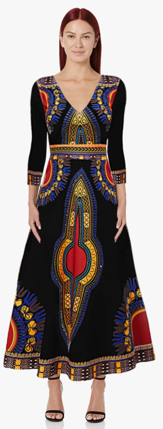 Elegant African Print Maxi Dress – Sizes S to 3XL (Black)