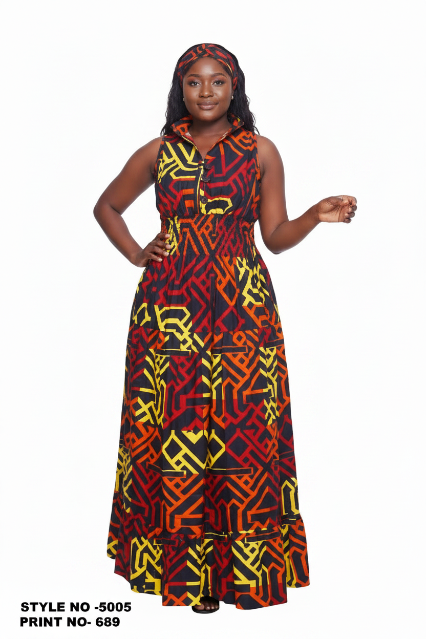 Long Smocked Dress With Scarf 5005 - 689