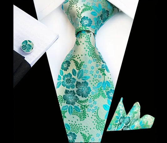 Men’s Silk Coordinated Tie Set - Aqua Green Floral