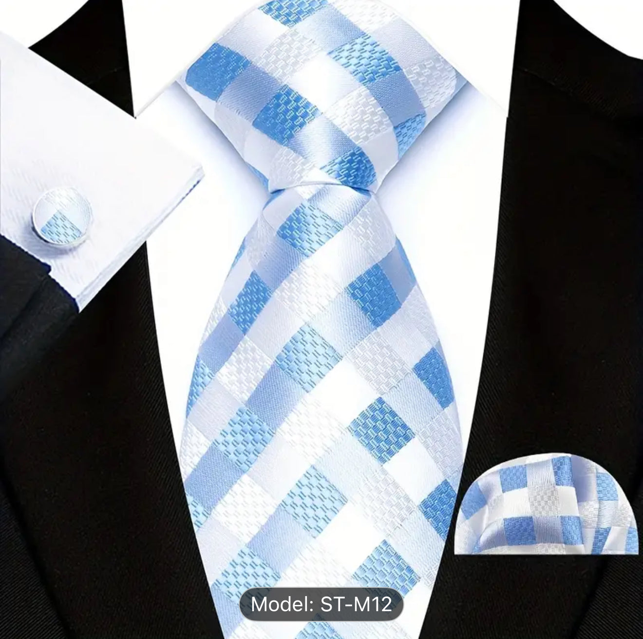 Men’s Silk Coordinated Tie Set - Sky Blue White Checkered