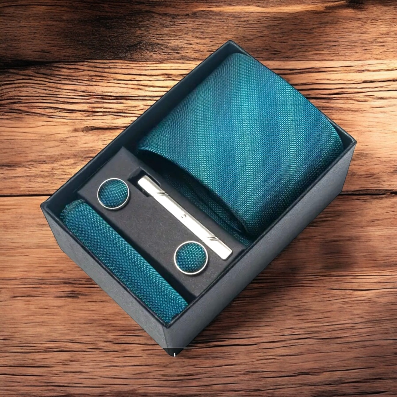 Men’s Silk Coordinated Tie Set w/Box - Green Blue Stripes (2)
