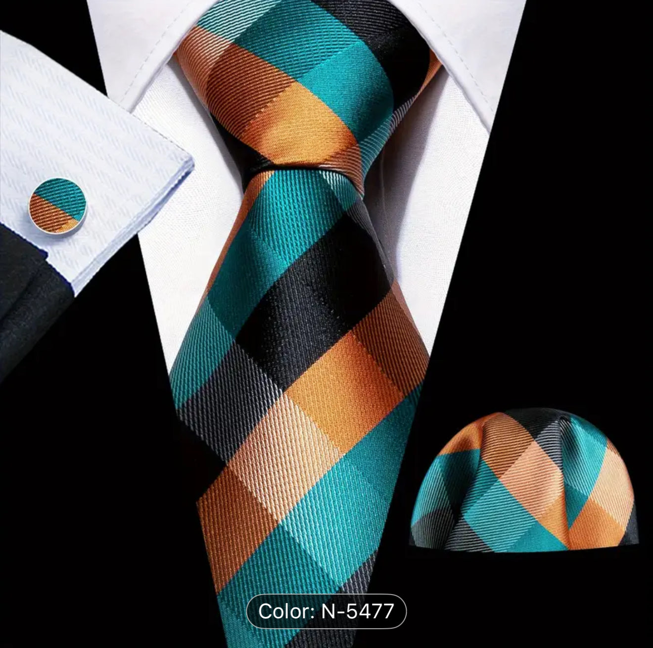Men’s Silk Coordinated Tie Set - Orange Green Black Checkered