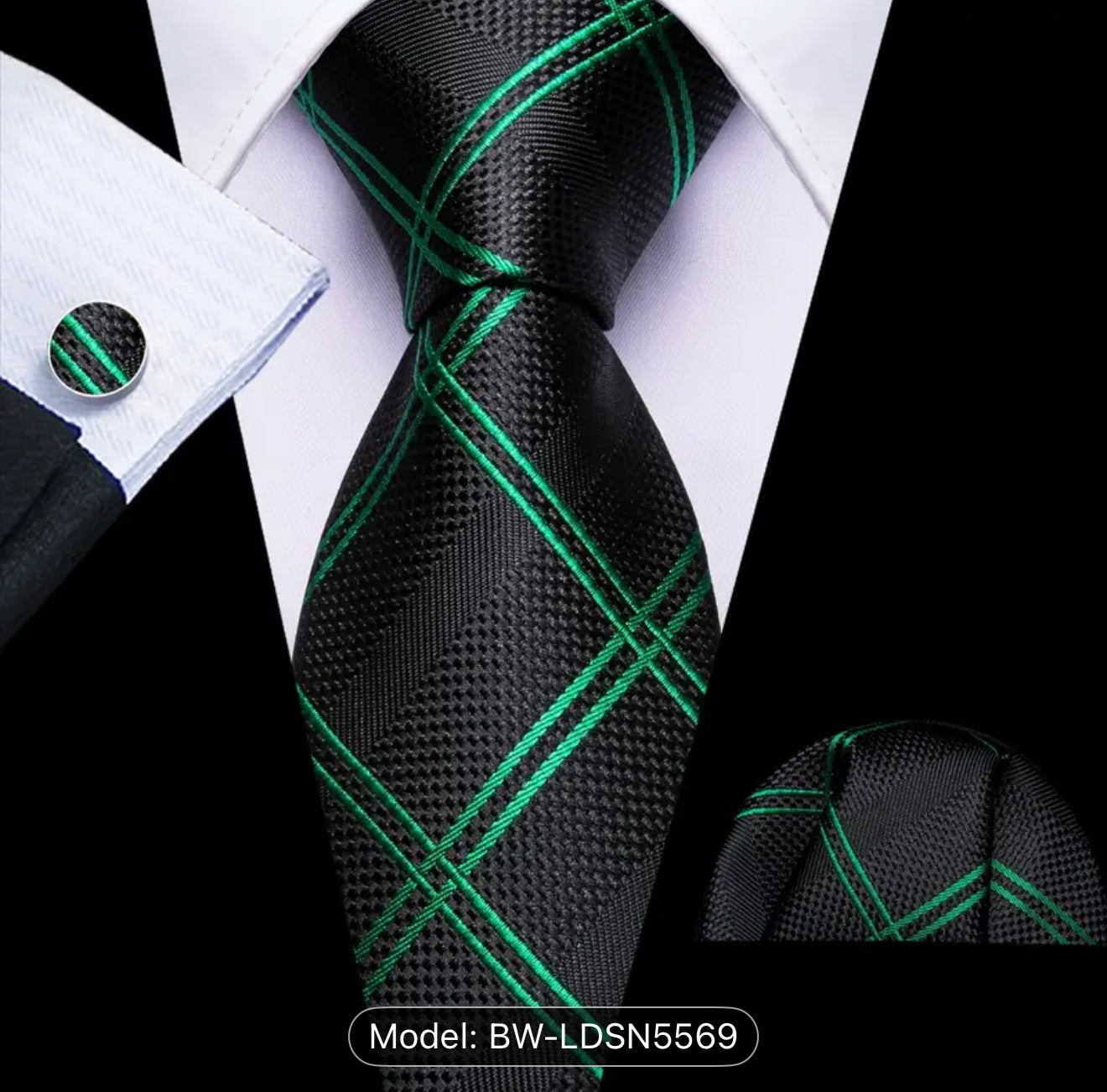 Men’s Silk Coordinated Tie Set - Black with Green Stripes