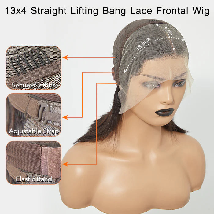 12 Inches 13x4 #1B Straight Lifting Bang Side Part Lace Frontal Wig-100% Human Hair