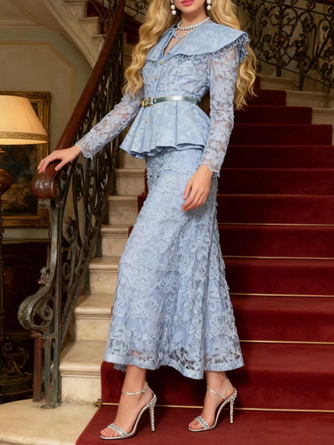 peplum dress with lace top Juliet 630: Long Peplum Dress with Lace Top and Sheer Sleeves sheerdreamz