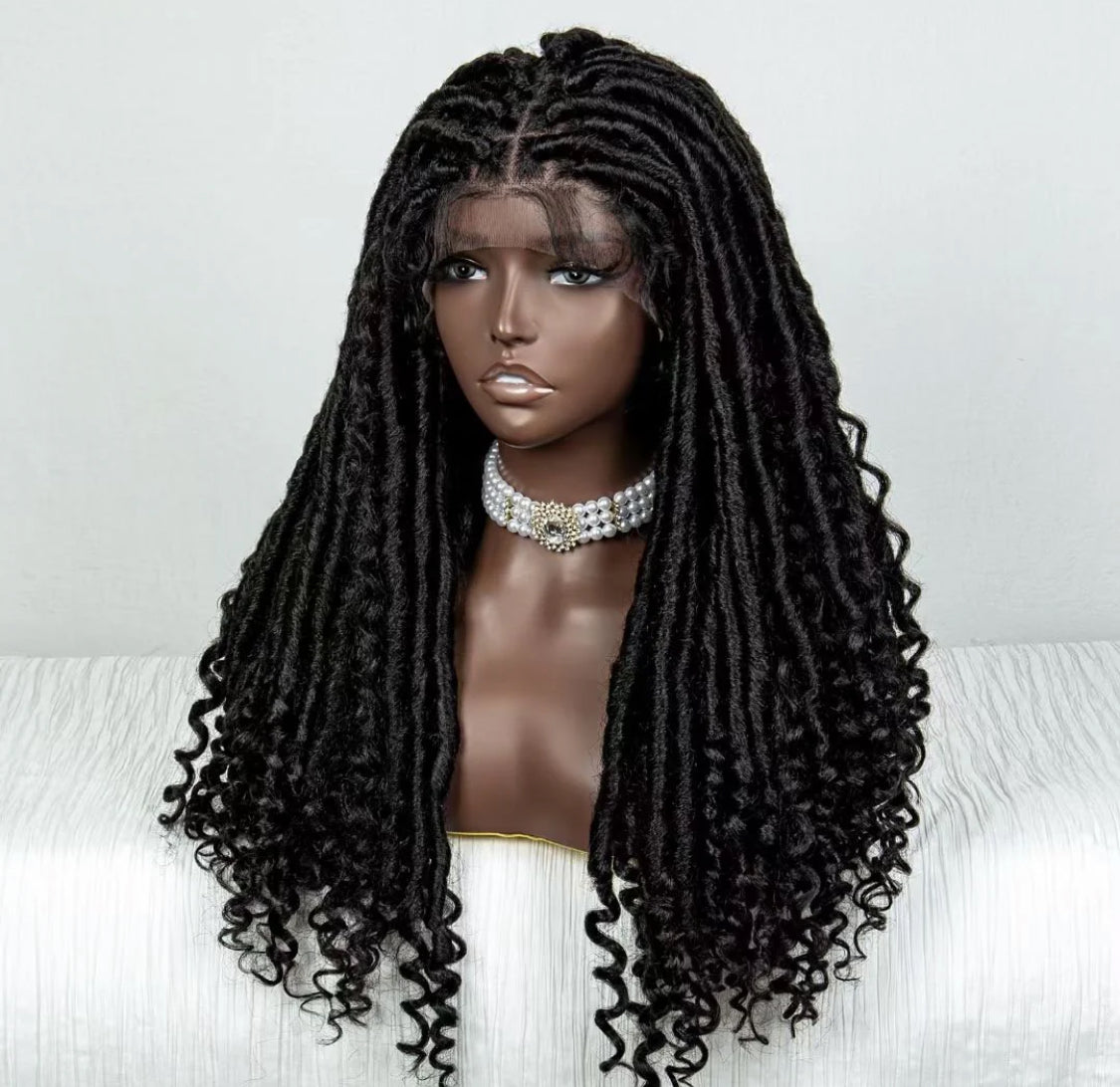 26 Inches 4x4 Faux Goddess Locs with Curls Braids Lace Closure Wigs 200% Density-100% Handmade