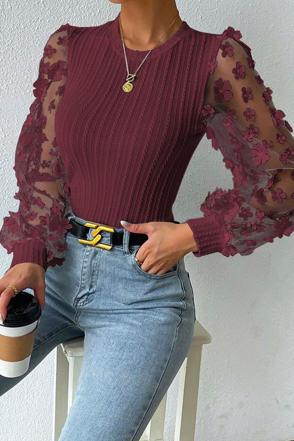 Uylee's Boutique Textured Applique Long Sleeve Blouse