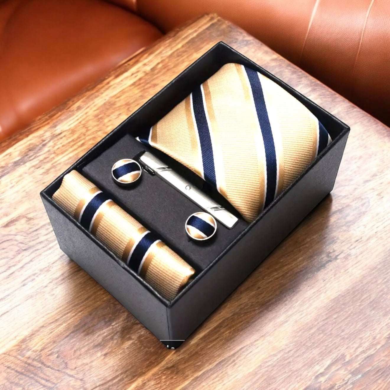 Men’s Silk Coordinated Tie Set w/Box - Golden with Blue Stripes (2)