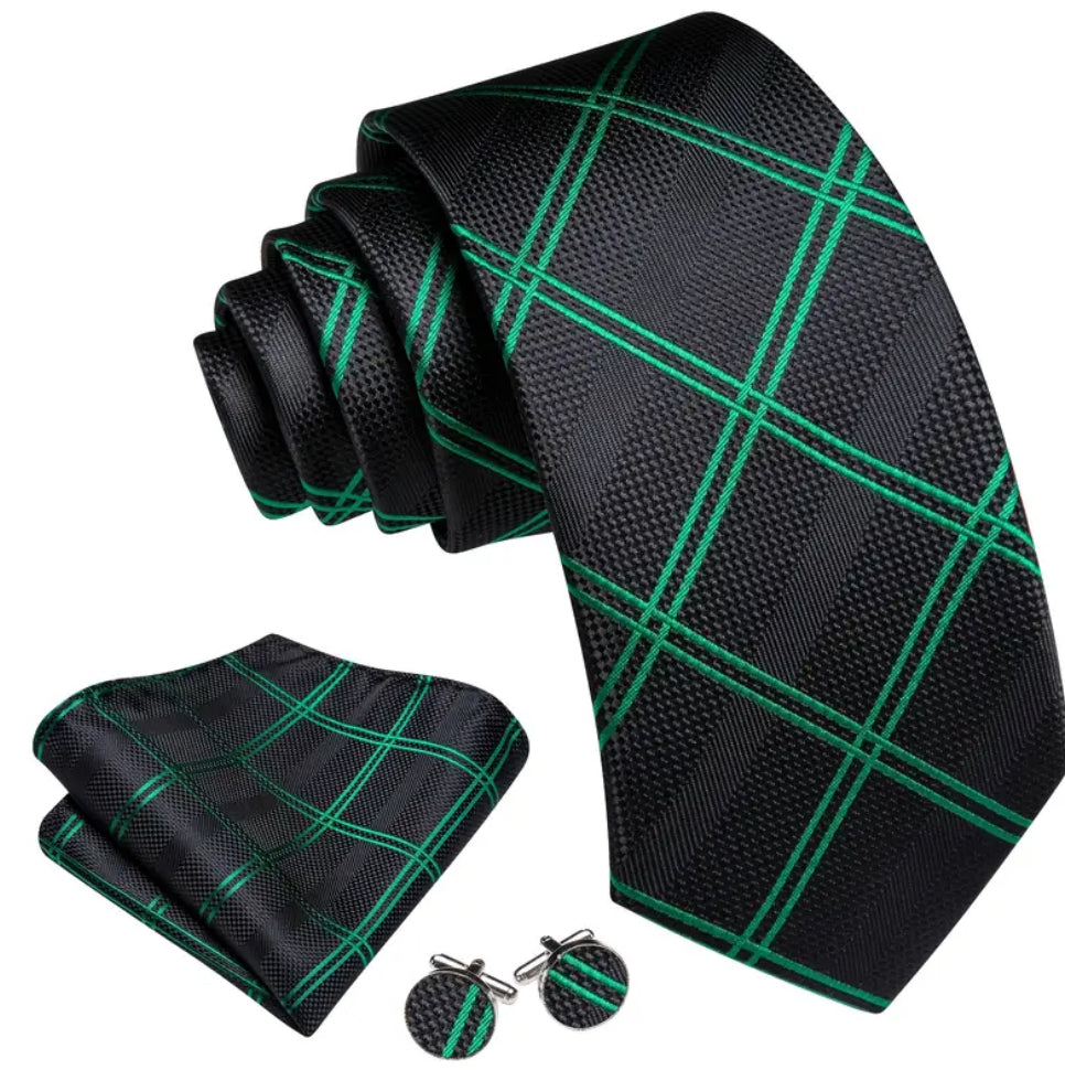Men’s Silk Coordinated Tie Set - Black with Green Stripes
