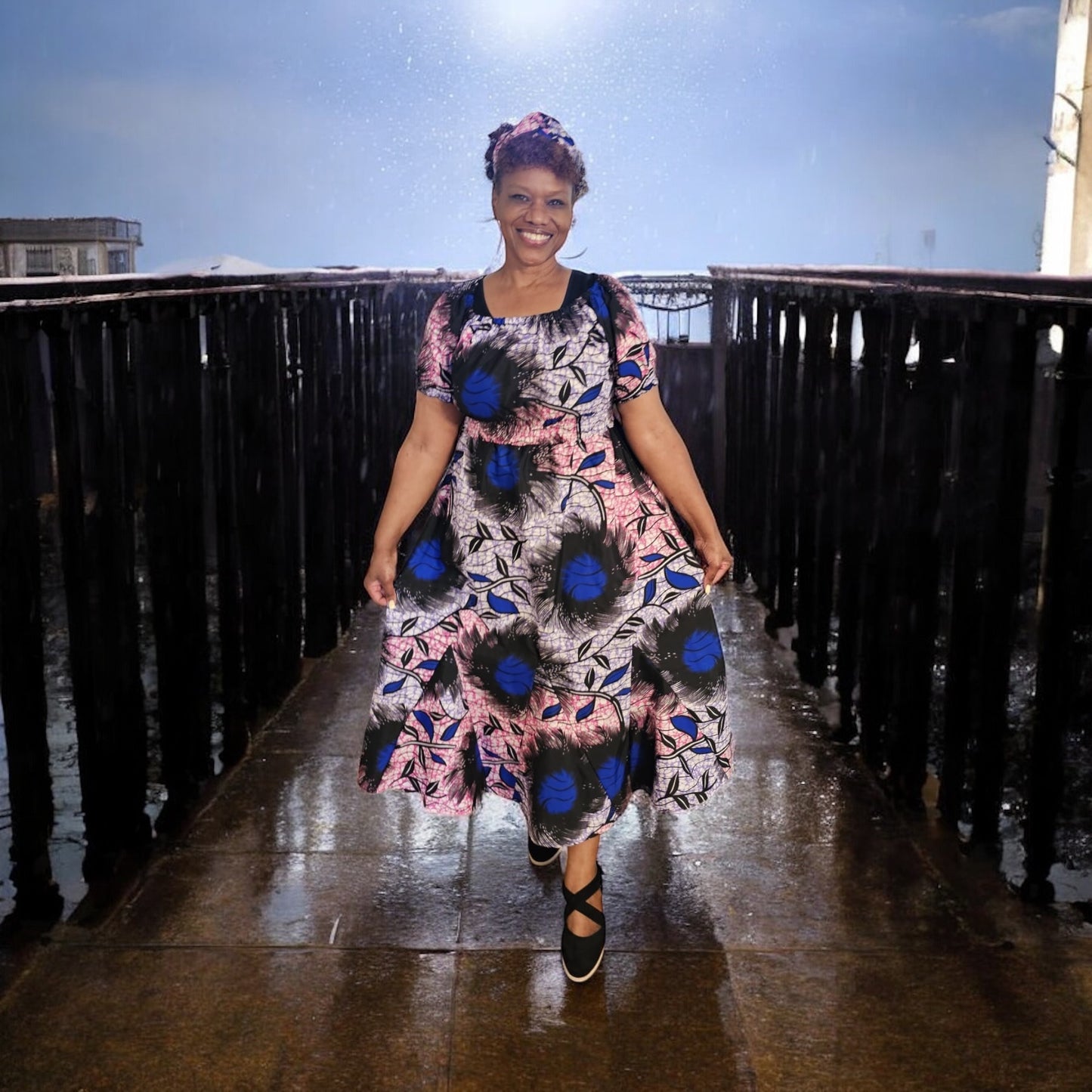 Short Puff Sleeve Maxi Dress with Head Wrap, Multiple Colors (free size)