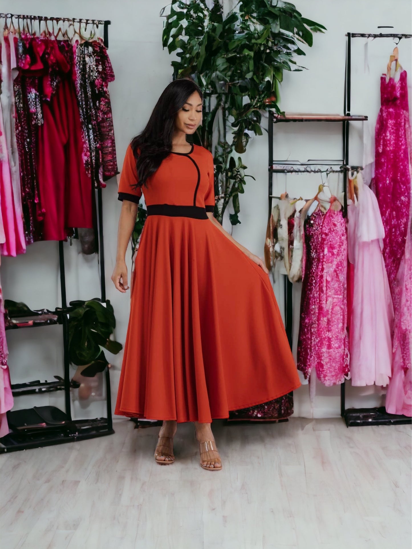 Red Contrast Trim Dress