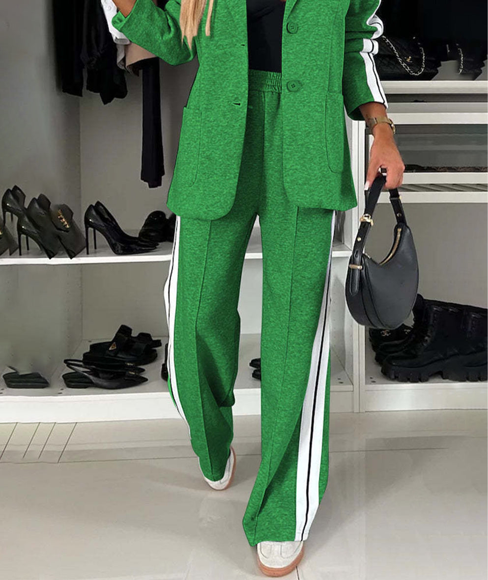 Full Size Contrast Lapel Collar Top and Pants Set, Small - 3XLarge