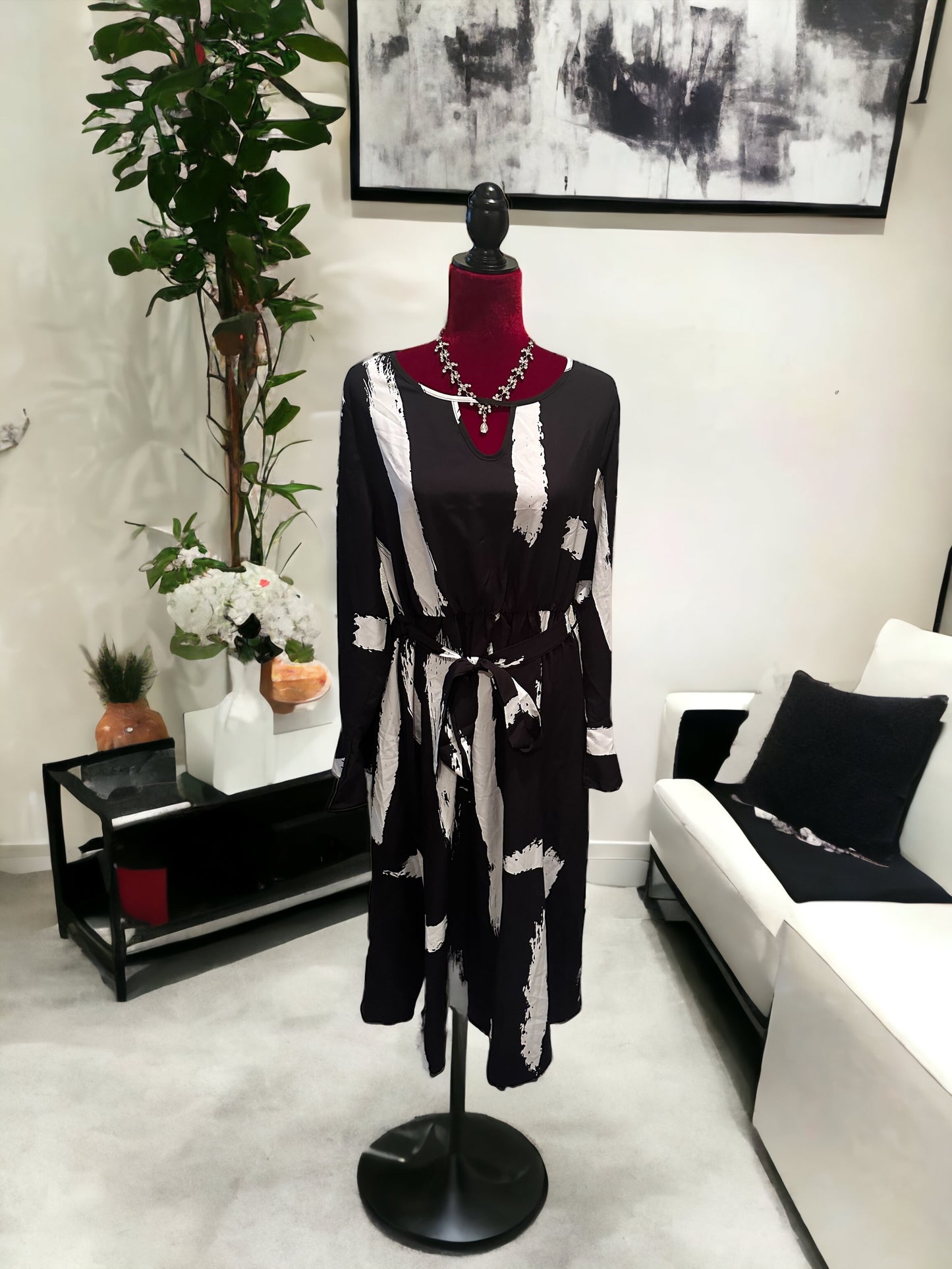Plus Size Printed Tie Belt Flare Sleeve Round Neck Midi Dress