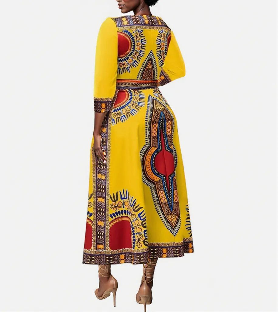 Elegant African Print Maxi Dress – Sizes S to 3XL (Yellow)