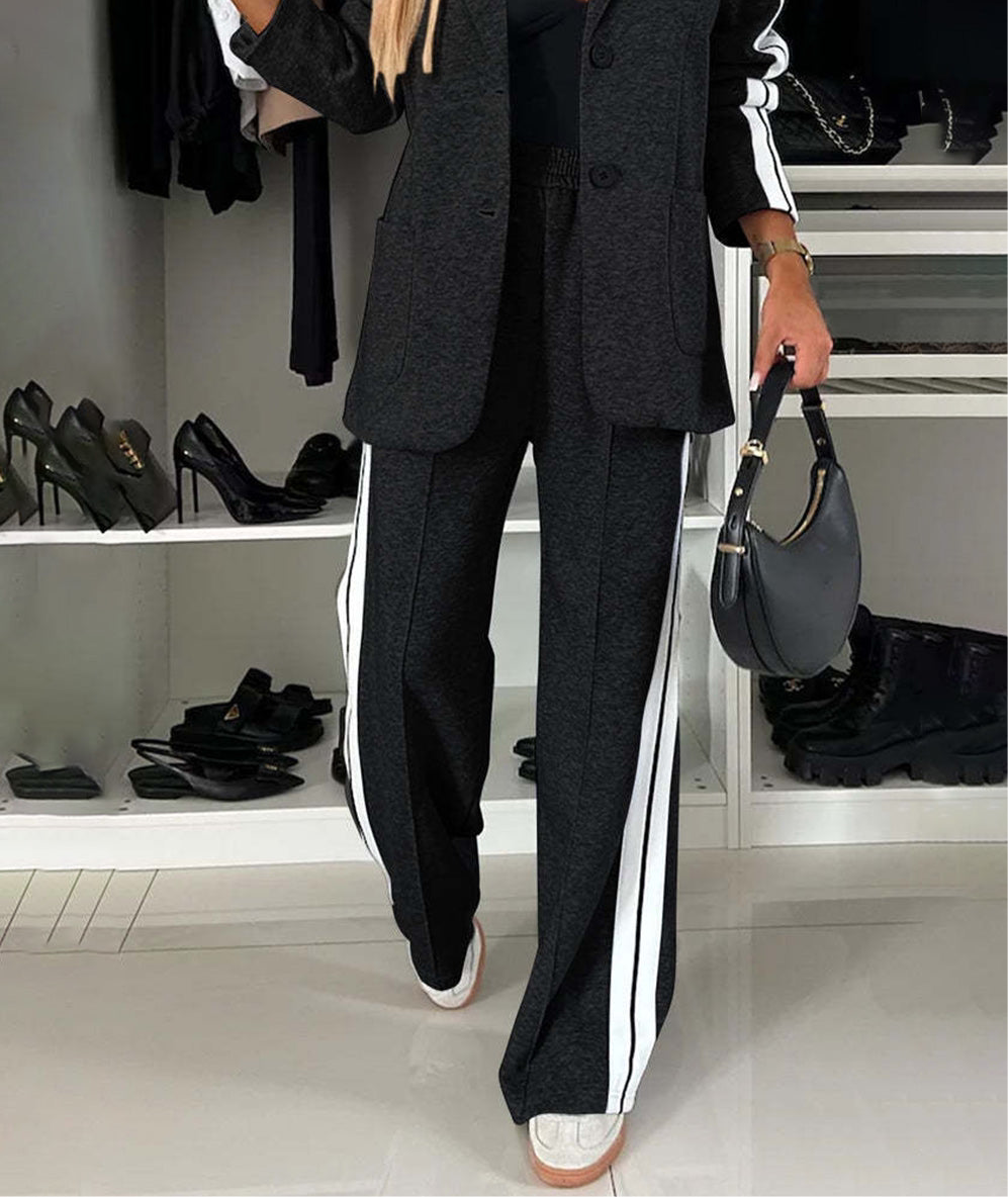 Full Size Contrast Lapel Collar Top and Pants Set, Small - 3XLarge