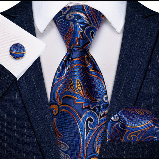 Men’s Silk Coordinated Tie Set - Blue Tie with Blue & Orange Paisley