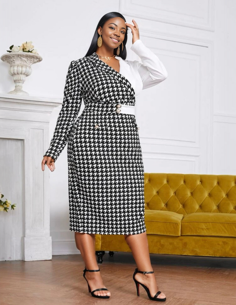 SHEIN Plus Lapel Collar Buckle Belted Houndstooth Dress  Evening dresses plus  size, Dress clothes for women, Houndstooth dress