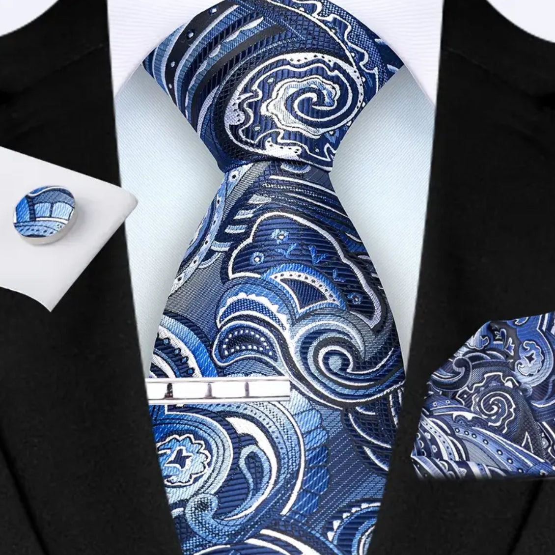 Men’s Silk Coordinated Tie Set - Blue White Paisley