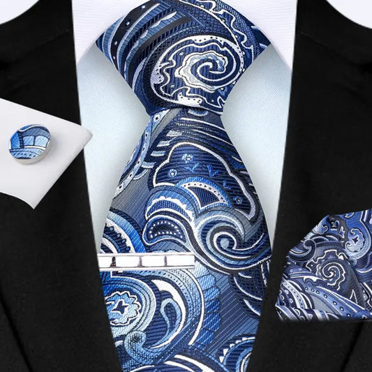 Men’s Silk Coordinated Tie Set - Blue White Paisley