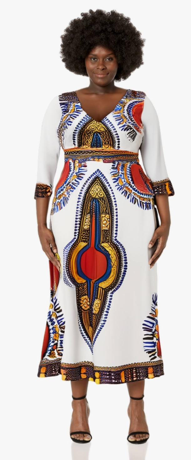 Elegant African Print Maxi Dress – Sizes S to 3XL (White)