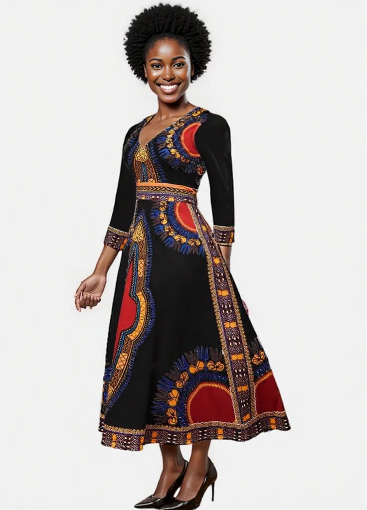 Elegant African Print Maxi Dress – Sizes S to 3XL (Black)