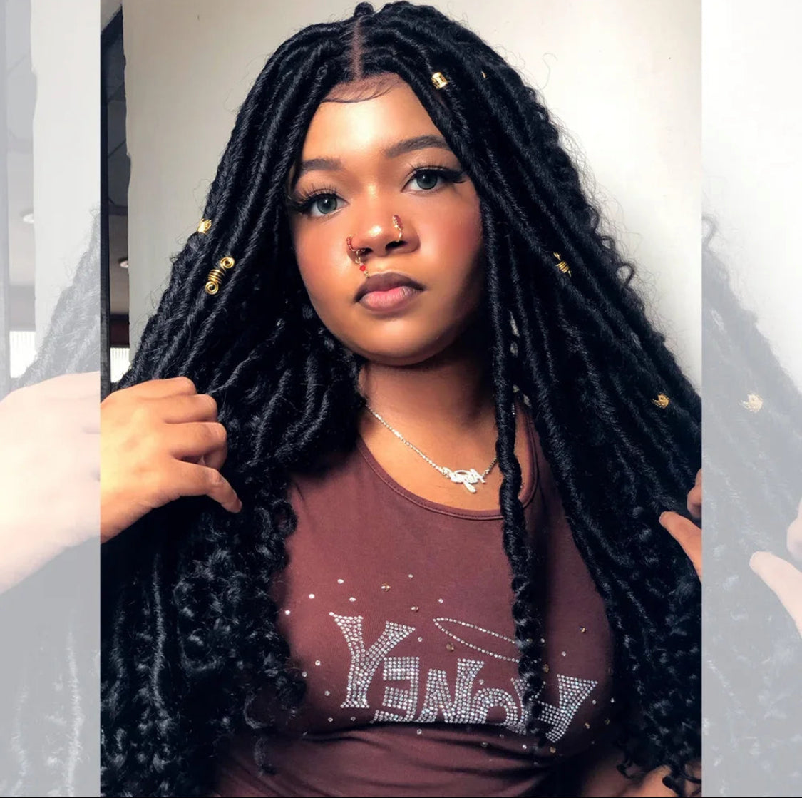26 Inches 4x4 Faux Goddess Locs with Curls Braids Lace Closure Wigs 200% Density-100% Handmade