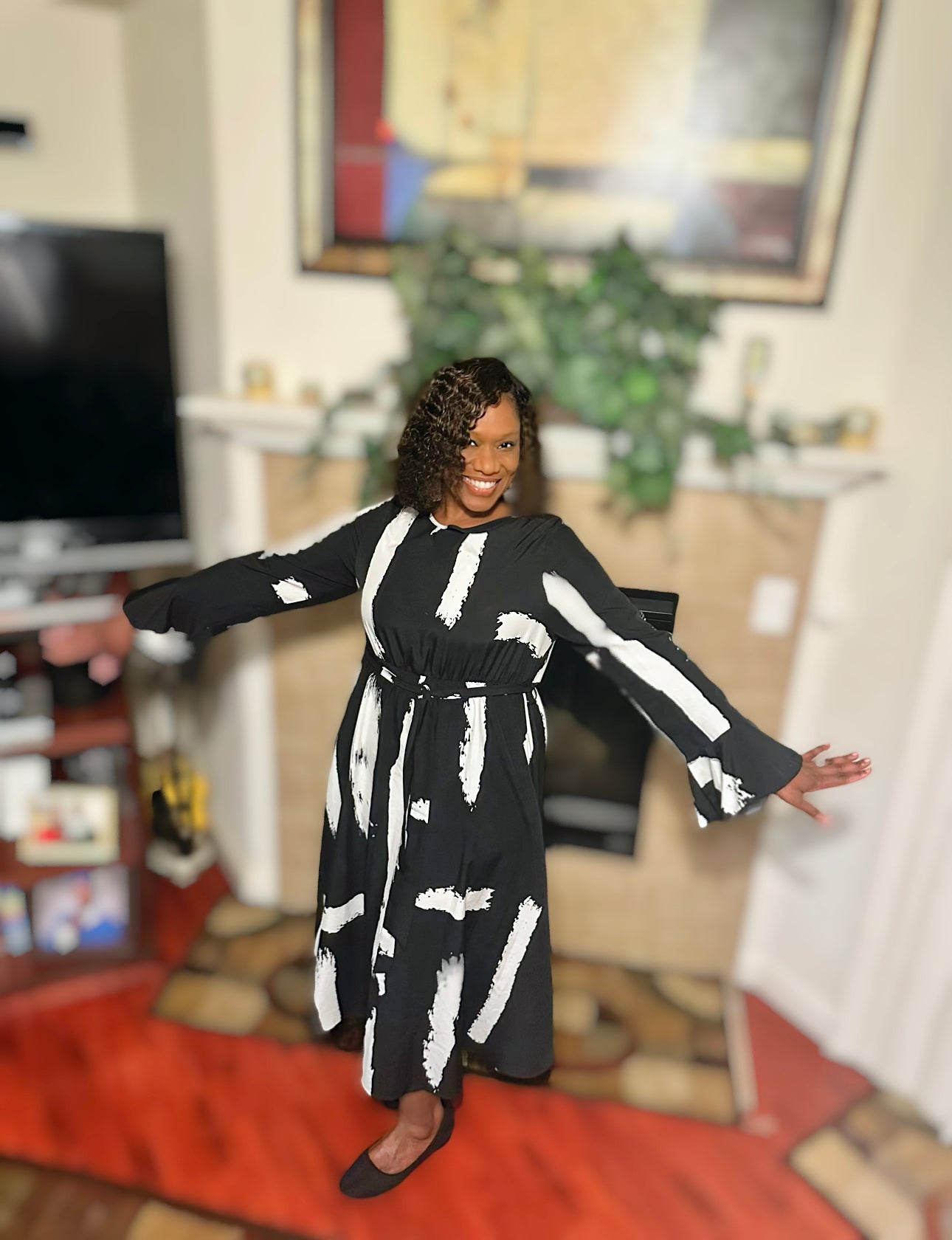 Plus Size Printed Tie Belt Flare Sleeve Round Neck Midi Dress