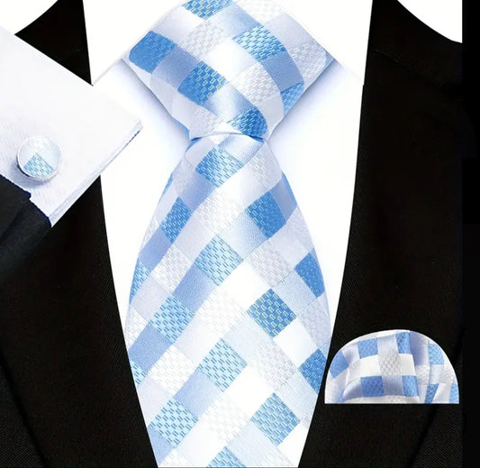 Men’s Silk Coordinated Tie Set - Sky Blue White Checkered
