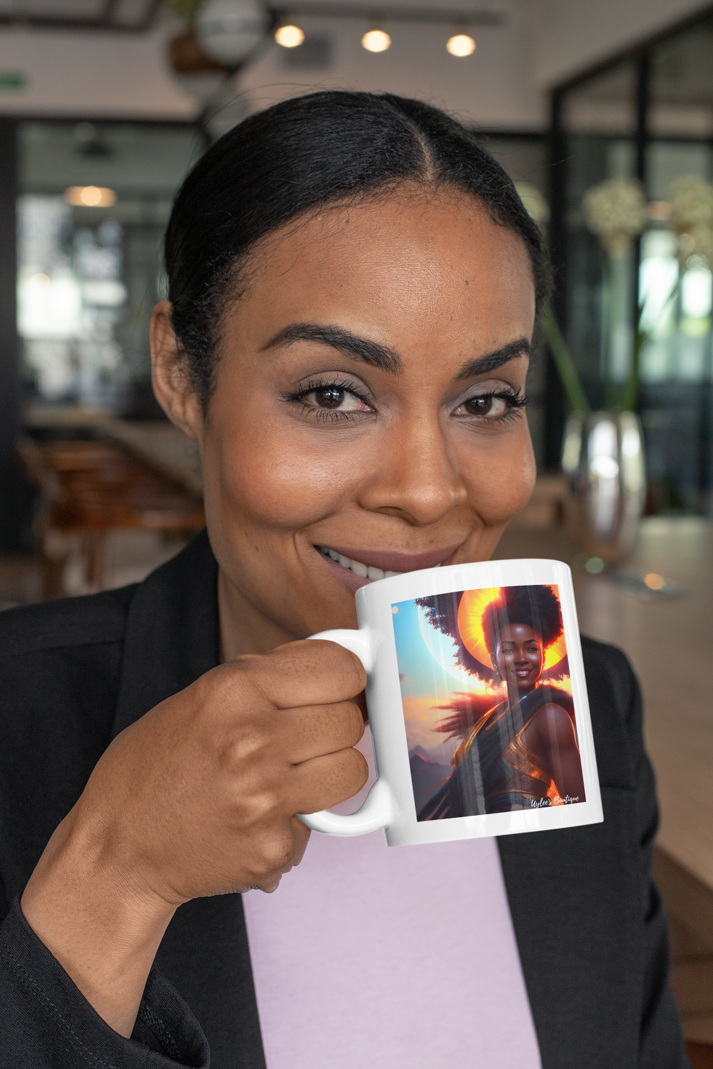 Beautiful Ceramic Custom Mug - African Woman with Sunset Background
