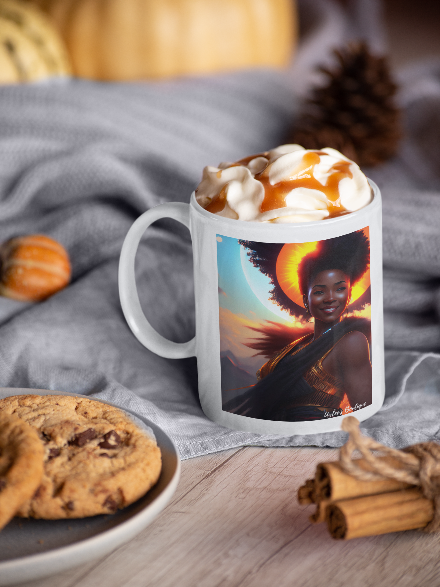 Beautiful Ceramic Custom Mug - African Woman with Sunset Background