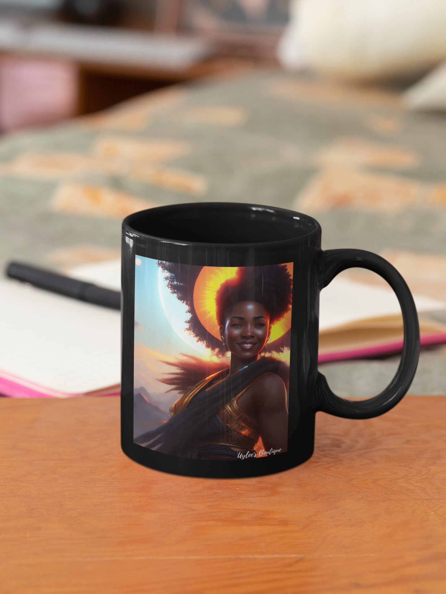 Beautiful Ceramic Custom Mug - African Woman with Sunset Background