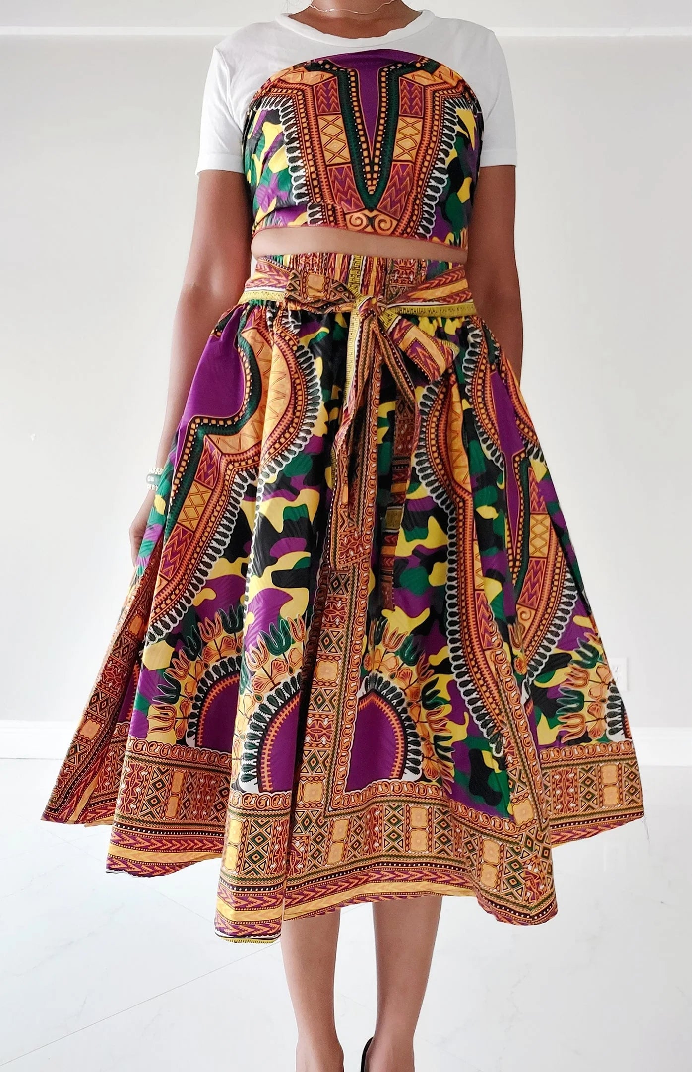 Women Mid Length Dashiki Print Skirt- Purple with headwrap (free size)